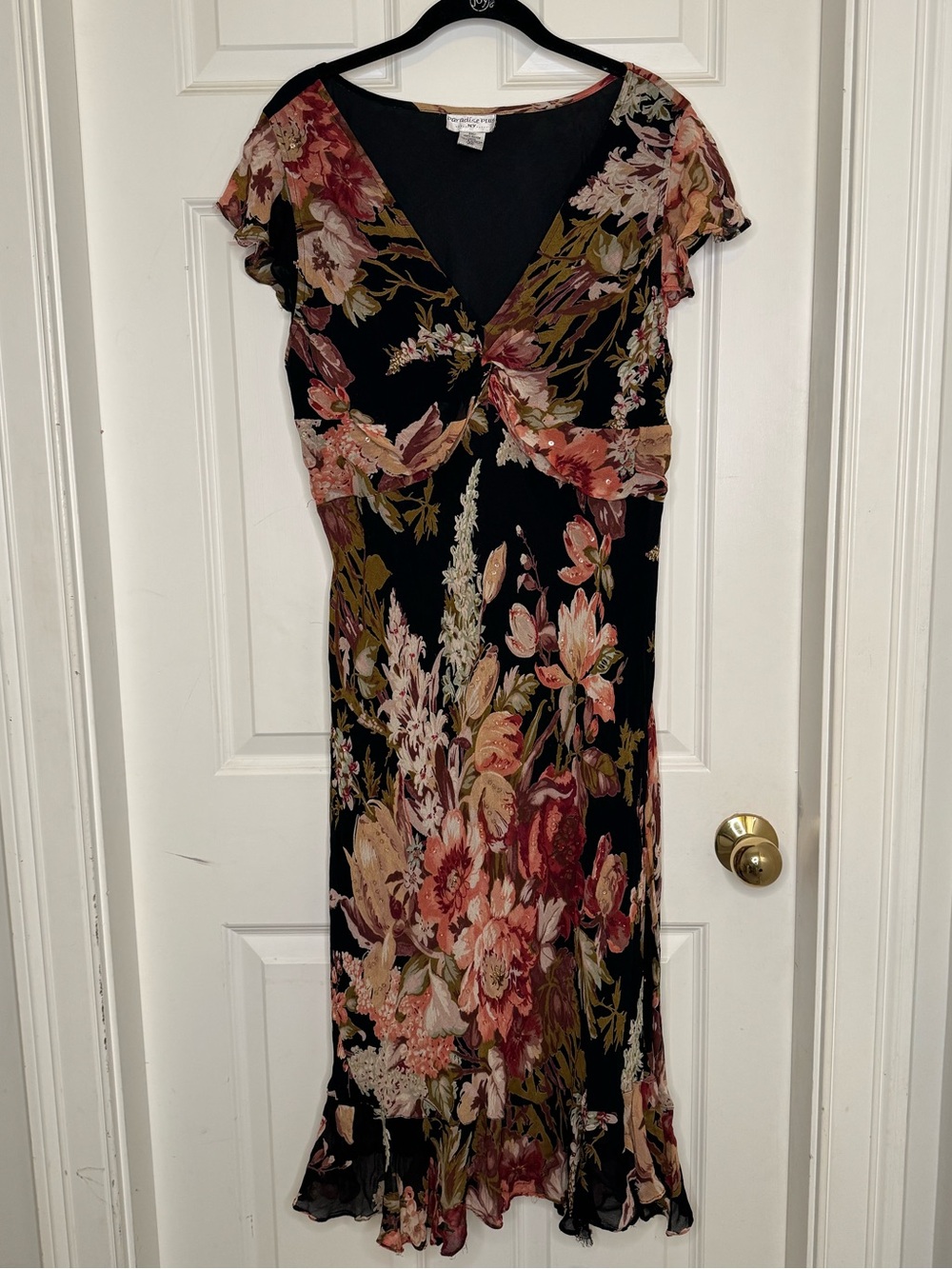 Vintage 90s Plus size floral midi dress sheer flutter sleeve size 3XL